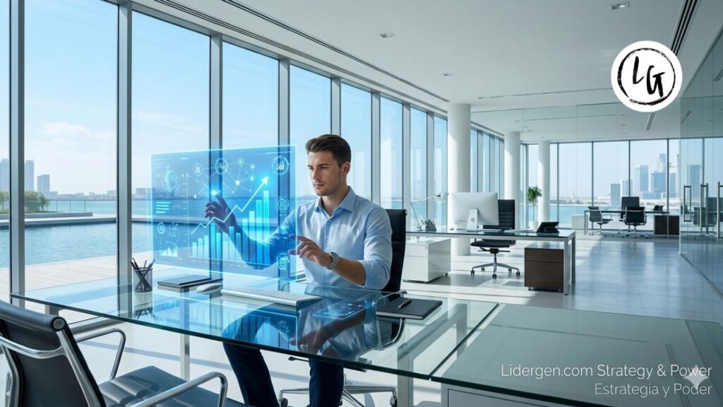 Brújula de latón con aguja azul brillante apuntando al norte sobre una base de piedra negra, simbolizando el control de las emociones y la dirección estratégica de un líder durante una crisis corporativa, sobre un fondo de tormenta desenfocada.