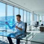 Brújula de latón con aguja azul brillante apuntando al norte sobre una base de piedra negra, simbolizando el control de las emociones y la dirección estratégica de un líder durante una crisis corporativa, sobre un fondo de tormenta desenfocada.