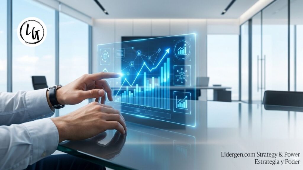 Mecanismo de precisión de reloj suizo bañado en luz azul Lidergen sobre fondo de oficina luminosa, simbolizando la ingeniería operativa de un negocio por internet desde casa exitoso.