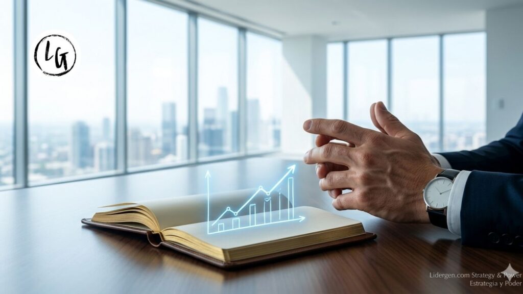 Un único engranaje de acero de precisión con luminiscencia azul Lidergen sobre fondo de oficina luminosa, simbolizando la ingeniería financiera detrás de los mejores negocios para empezar con poco dinero (bootstrapping) para directivos.