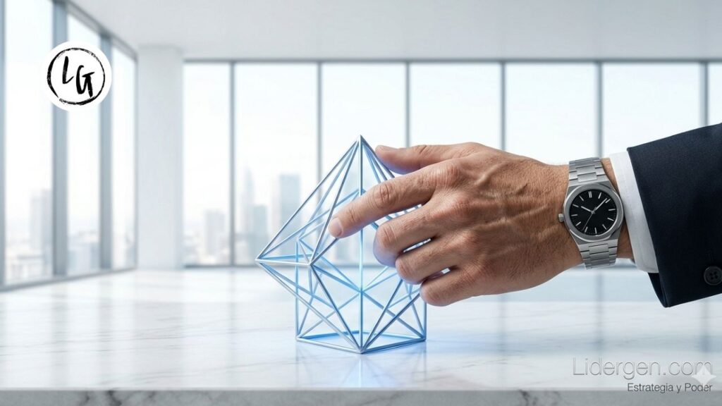 Un plano detalle cinematográfico muestra las manos de un líder ejecutivo sobre una mesa de mármol blanco nítido, ajustando una estructura de datos abstracta y ordenada que se visualiza como un cubo de cristal líquido. El usuario no está escribiendo, sino tomando el control operativo de la sintaxis mental. Fondo de oficina directiva luminosa y minimalista.