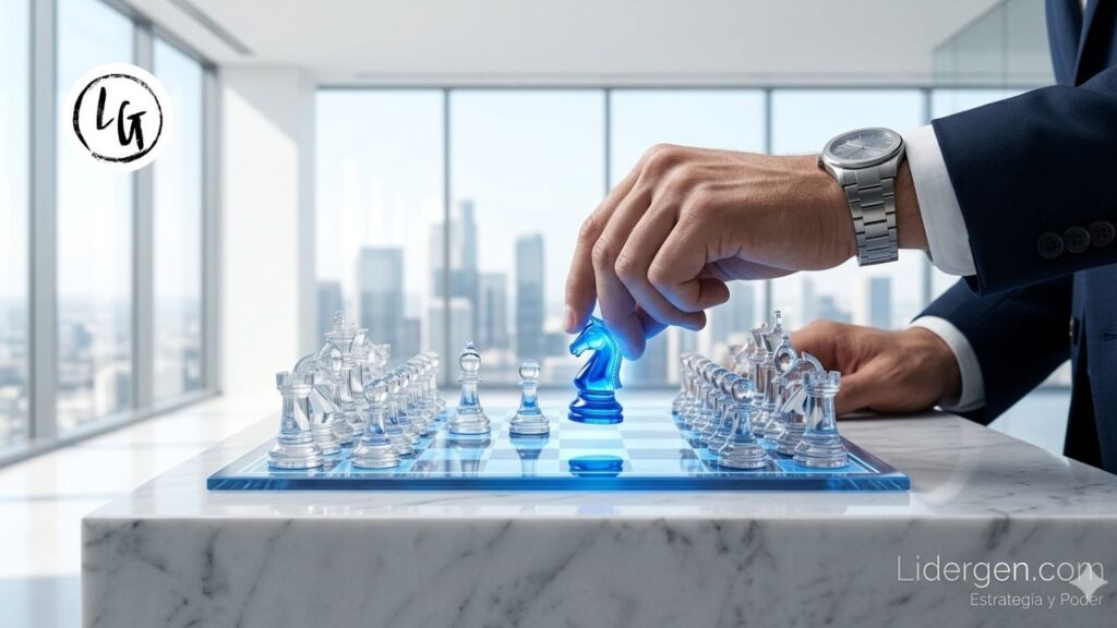 Un plano detalle cinematográfico y minimalista muestra la mano de un joven líder ajustando con precisión una pieza de ajedrez de cristal líquido sobre un tablero de mármol blanco diáfano, simbolizando el control operativo sobre proyectos de emprendimiento para estudiantes ambiciosos. El fondo es un entorno de oficina ejecutiva moderno y luminoso.
