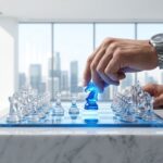 Un plano detalle cinematográfico y minimalista muestra la mano de un joven líder ajustando con precisión una pieza de ajedrez de cristal líquido sobre un tablero de mármol blanco diáfano, simbolizando el control operativo sobre proyectos de emprendimiento para estudiantes ambiciosos. El fondo es un entorno de oficina ejecutiva moderno y luminoso.