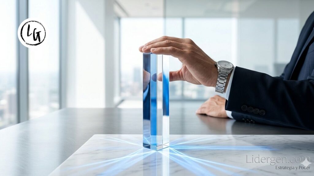 Fotografía de bellas artes minimalista que muestra una mano de líder refinada sosteniendo un prisma de cristal tallado sobre un escritorio de acero pulido. Un rayo de luz blanca pura atraviesa el prisma y se refracta, no en colores, sino en un haz perfectamente enfocado y potente del azul corporativo #0056D2 que impacta sobre una superficie de mármol blanco. El fondo es un entorno ejecutivo diáfano y luminoso.