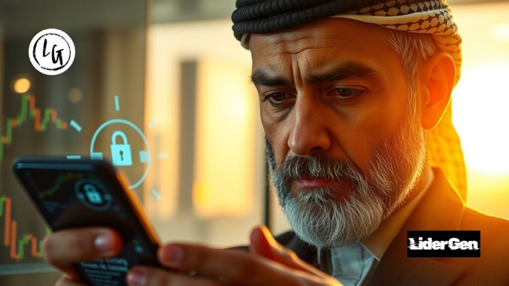 Hombre experto analizando la seguridad y protocolos de un neobanco moderno.