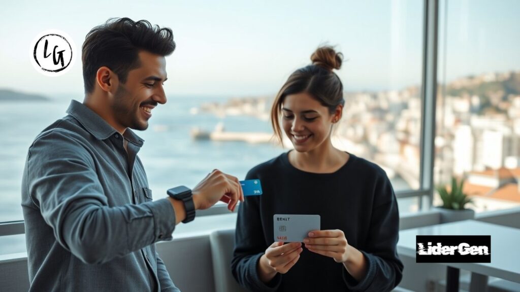 Pareja joven utilizando pagos digitales y las mejores tarjetas para viajar en un entorno global.
