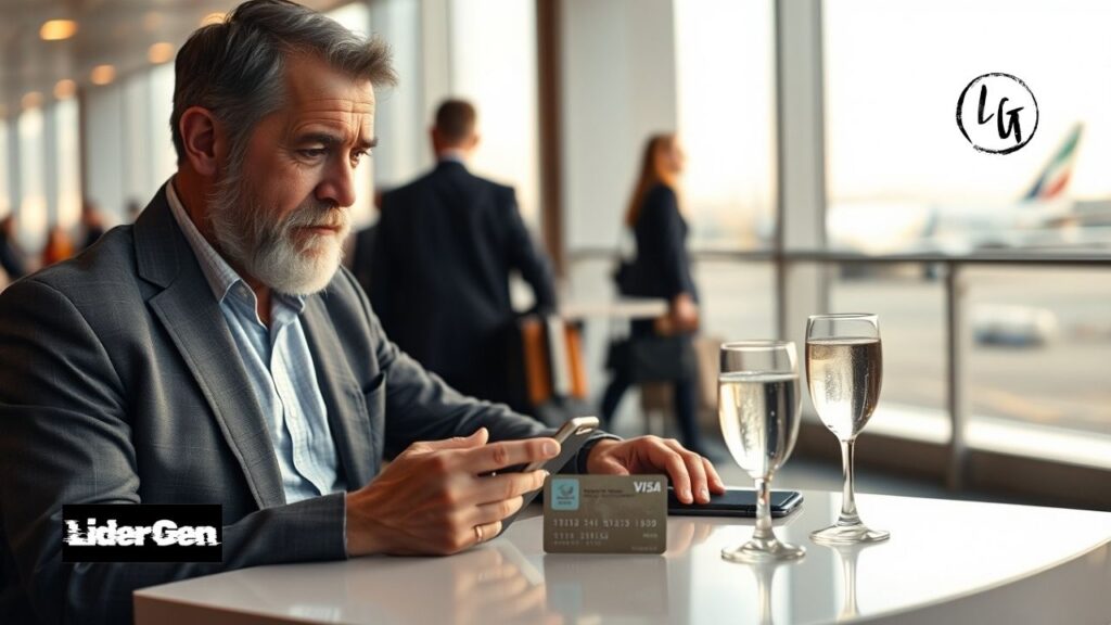 Mr. Haddock analizando comisiones de tarjetas de viaje en un lounge de aeropuerto.