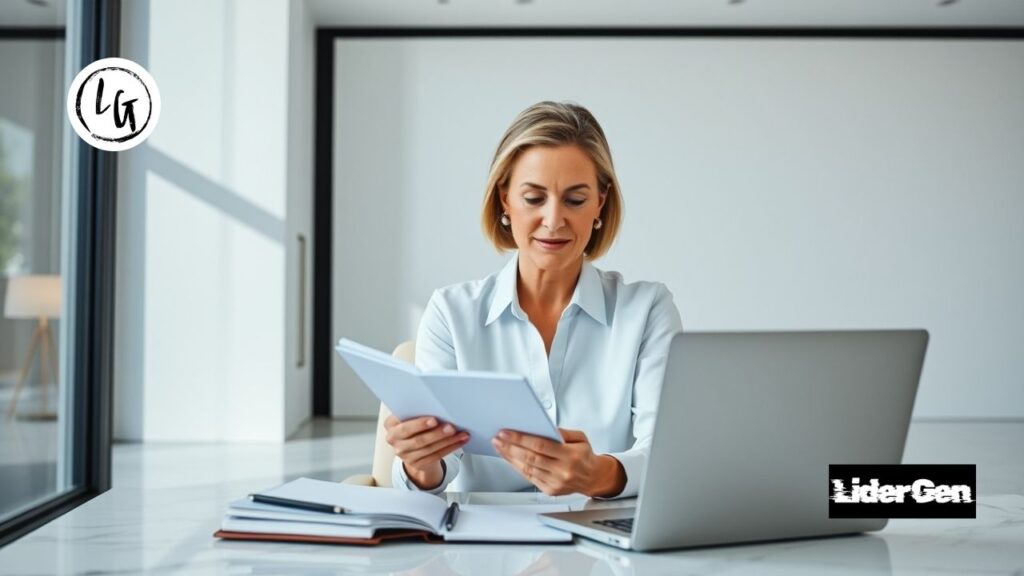 Ejecutiva aplicando técnicas de administración del tiempo y organización.