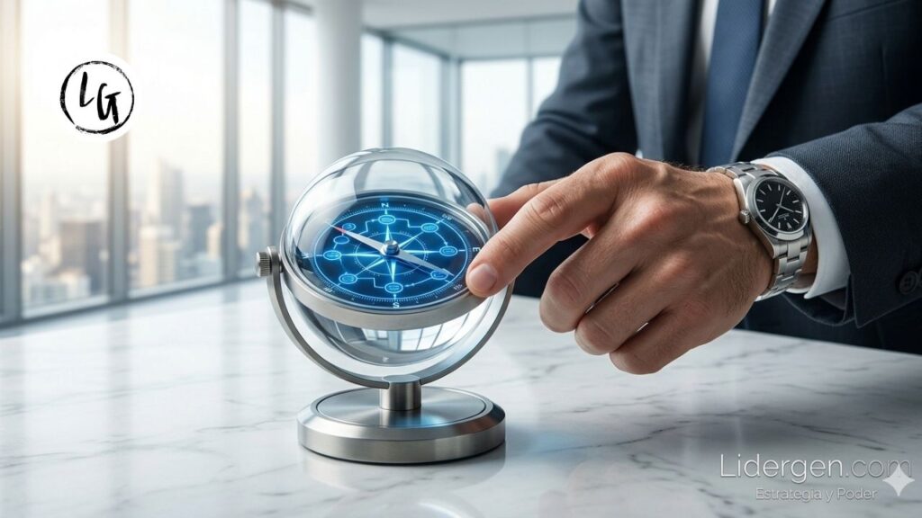 Fotografía de bellas artes sofisticada que muestra la mano de un gerente senior interactuando sutilmente con una brújula girroscópica de alta tecnología. La brújula está fabricada en fibra de carbono negra y cristal líquido, montada sobre una base de mármol blanco nítido. Los dedos están curvados en pose de ajuste de precisión. El dial de la brújula no muestra puntos cardinales, sino segmentos abstractos de sintaxis mental que brillan intensamente en el azul corporativo #0056D2. El fondo es una oficina ejecutiva luminosa y diáfana.