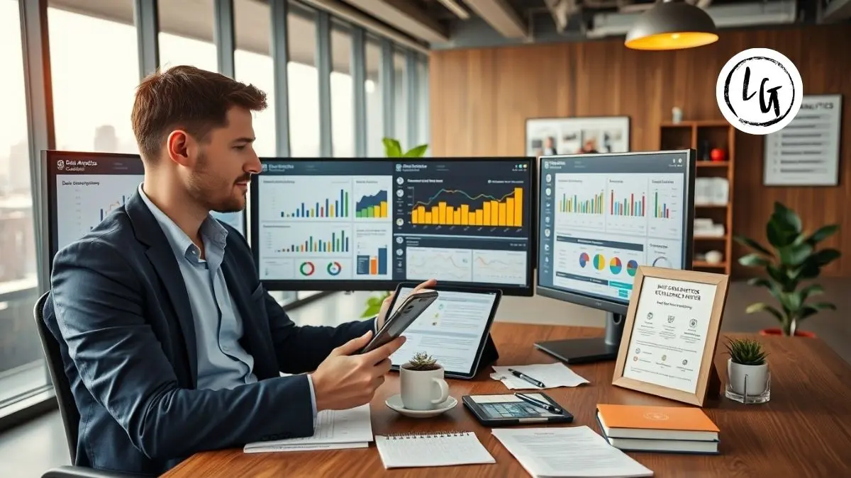 Profesional analizando dashboards de business intelligence en oficina moderna con gráficos de KPIs, métricas de negocio y visualizaciones de datos en tiempo real