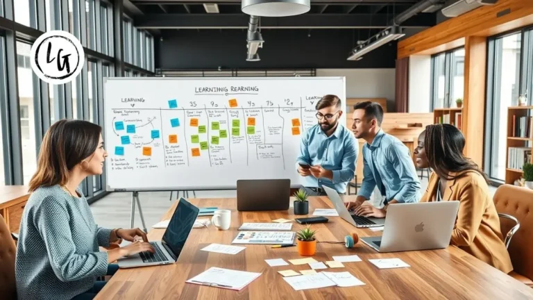 Equipo diverso participando en sesión de aprendizaje continuo en el trabajo con tablets, discusión colaborativa y pizarra con roadmap de desarrollo en oficina moderna