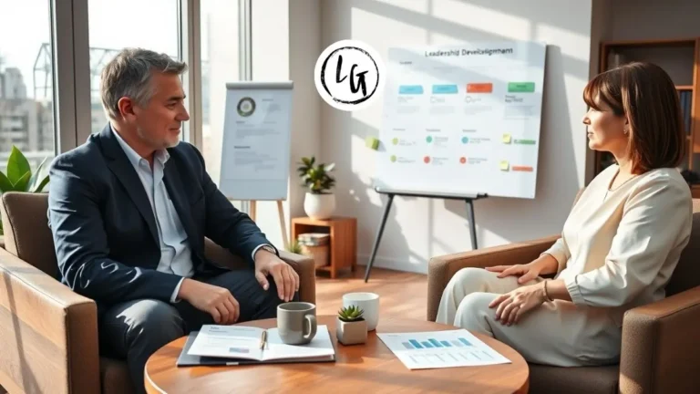 Sesión de coaching ejecutivo entre coach profesional y directivo en oficina moderna, analizando plan de desarrollo con métricas de progreso