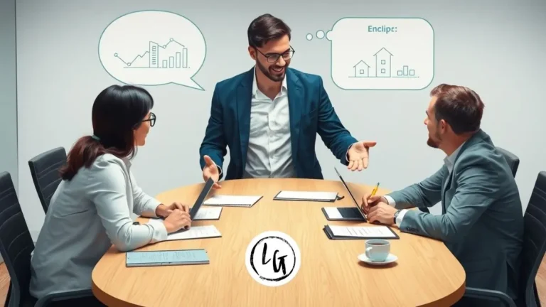 Líder profesional hispano practicando comunicación asertiva laboral en reunión de equipo, expresando ideas con claridad y respeto