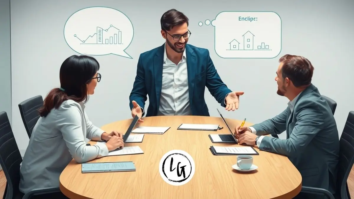 Líder profesional hispano practicando comunicación asertiva laboral en reunión de equipo, expresando ideas con claridad y respeto