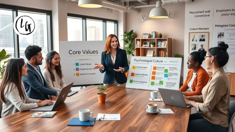 Equipo diverso colaborando en oficina moderna con valores corporativos visibles, ambiente laboral positivo y liderazgo auténtico