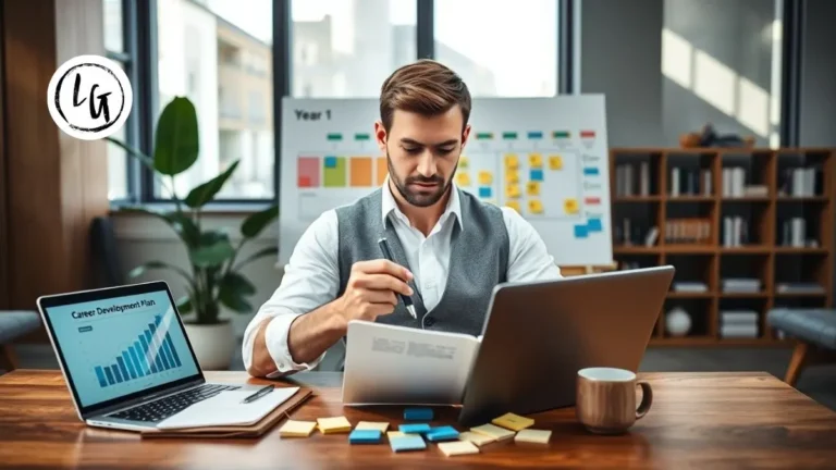 Profesional analizando plan de desarrollo de carrera con objetivos, competencias y roadmap estratégico en oficina moderna