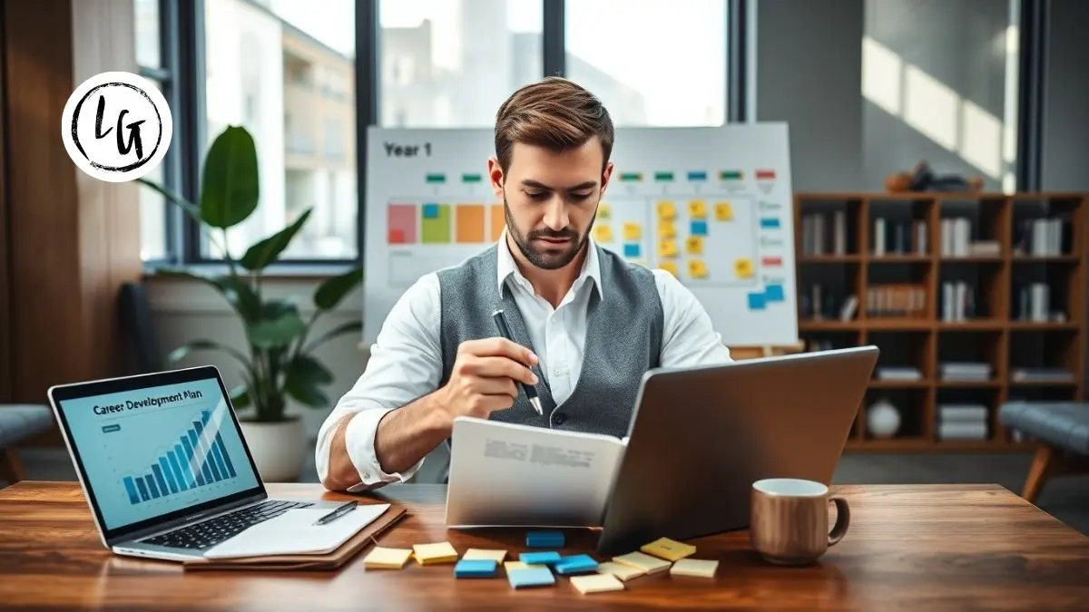 Profesional analizando plan de desarrollo de carrera con objetivos, competencias y roadmap estratégico en oficina moderna