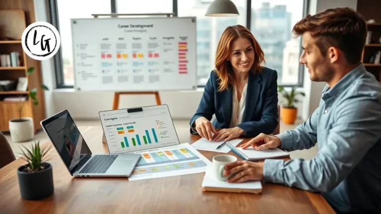 Manager y empleado en reunión de desarrollo profesional con mapa de carrera, plan de crecimiento y feedback constructivo en oficina moderna