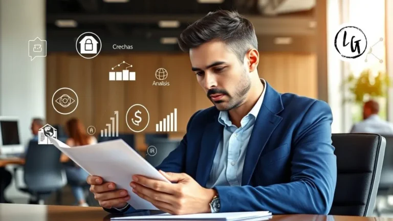 Líder profesional revisando informe de feedback 360 grados en oficina moderna, analizando evaluación integral para desarrollo de liderazgo