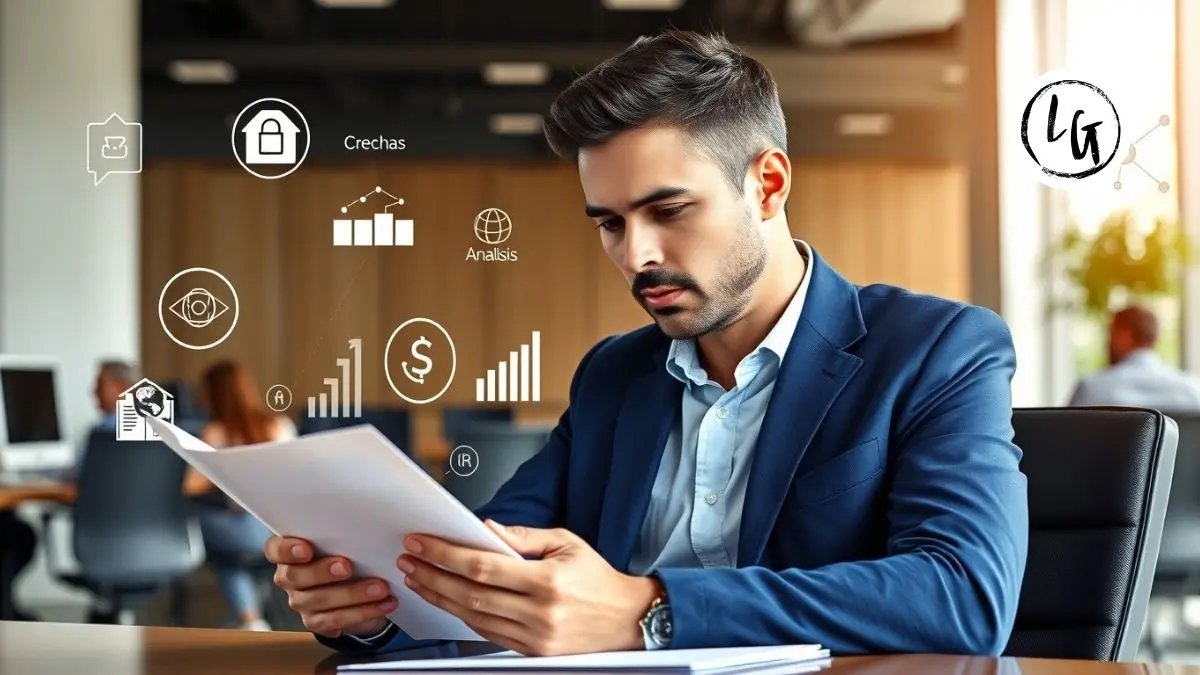Líder profesional revisando informe de feedback 360 grados en oficina moderna, analizando evaluación integral para desarrollo de liderazgo