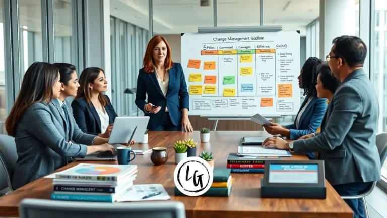 Líder facilitando sesión de gestión del cambio empresarial con equipo diverso mostrando roadmap de transformación, métricas de adopción y gestión de resistencia en sala de reuniones moderna