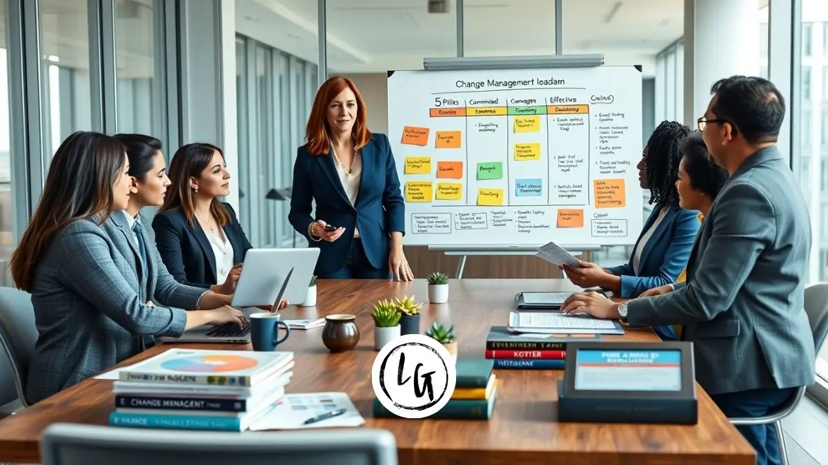 Líder facilitando sesión de gestión del cambio empresarial con equipo diverso mostrando roadmap de transformación, métricas de adopción y gestión de resistencia en sala de reuniones moderna