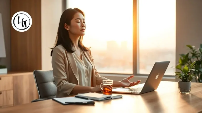 Mujer líder profesional asiática practicando respiración consciente en oficina moderna, gestionando estrés laboral con equilibrio y serenidad