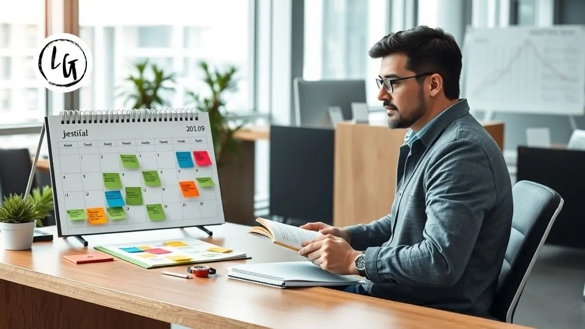 Líder profesional organizando su sistema de gestión del tiempo y productividad con calendario, matriz de Eisenhower y temporizador pomodoro en oficina moderna