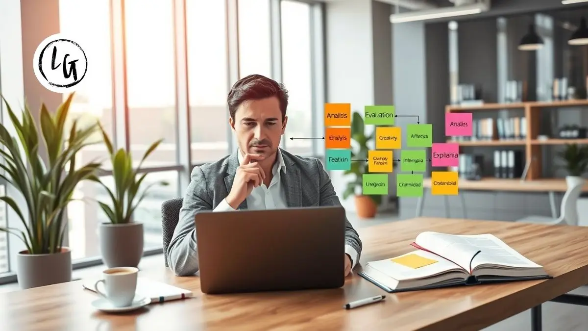 Profesional analizando datos complejos aplicando las 7 habilidades pensamiento crítico con diagramas de análisis, evaluación e inferencia en oficina moderna