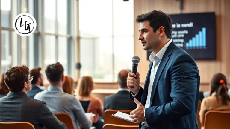 Líder profesional hablando en público ante equipo en presentación corporativa, aplicando técnicas de oratoria para líderes con confianza y conexión