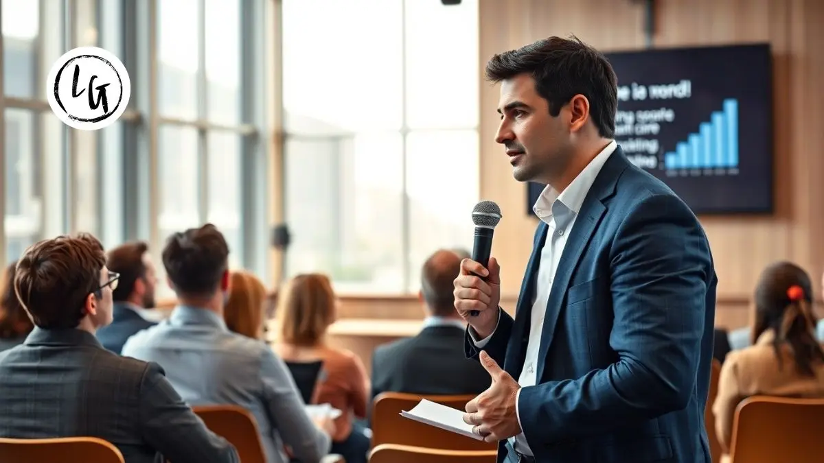 Líder profesional hablando en público ante equipo en presentación corporativa, aplicando técnicas de oratoria para líderes con confianza y conexión
