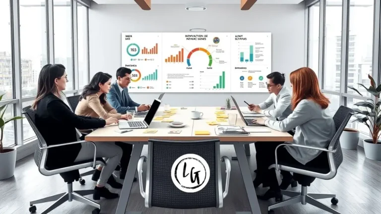 Equipo diverso trabajando en sistema de innovación continua empresa con dashboards, prototipos y ciclos iterativos en oficina moderna