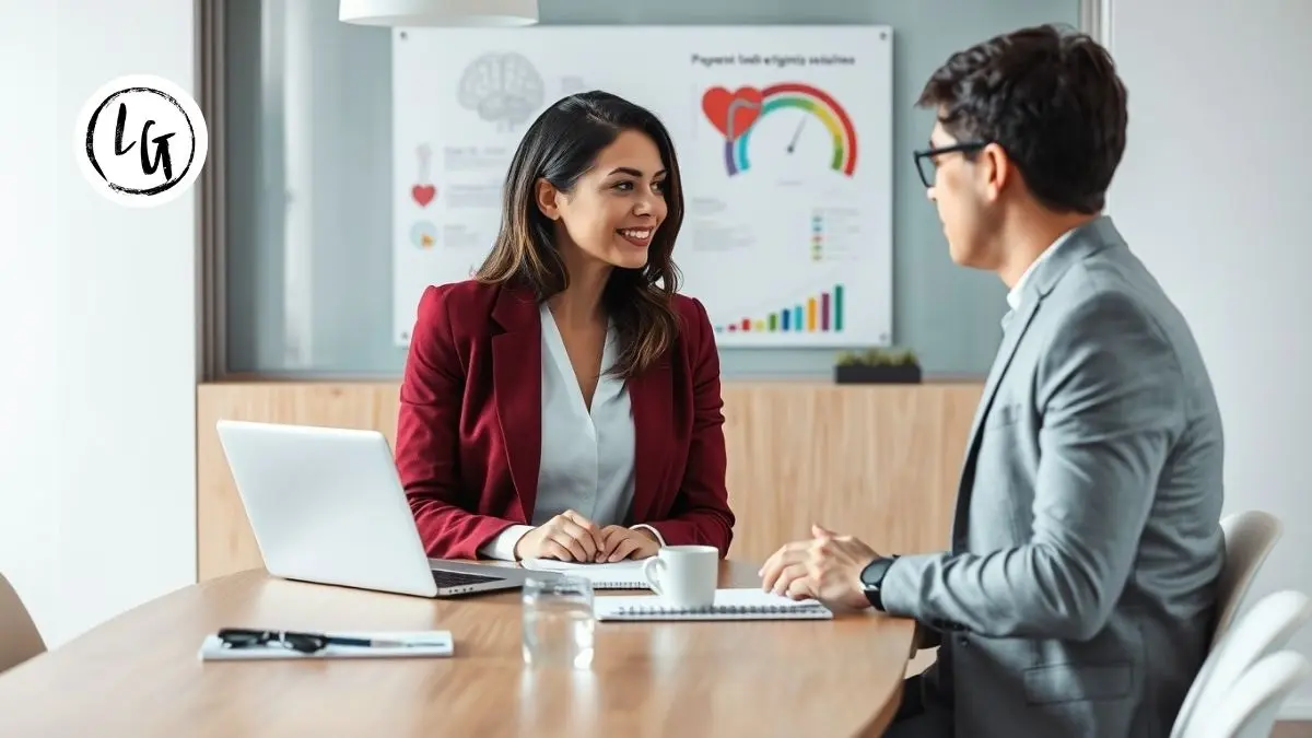 Mujer líder profesional hispana gestionando emociones en reunión de equipo, demostrando inteligencia emocional trabajo y empatía