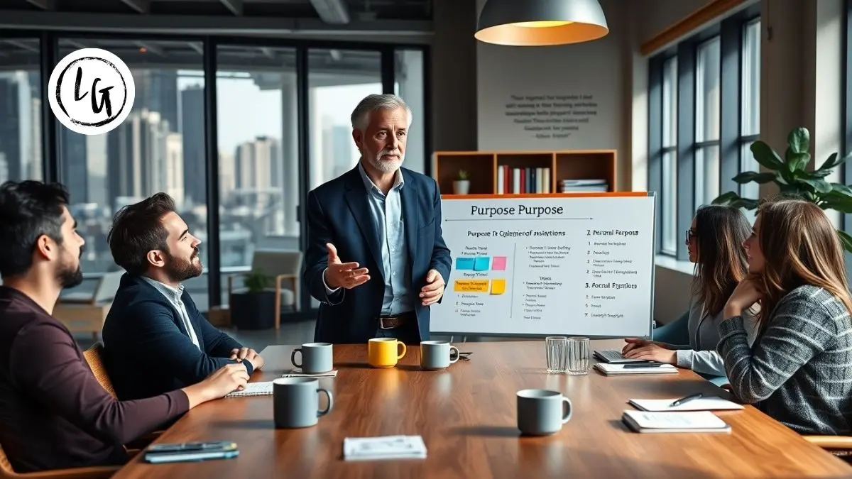 Líder inspirador facilitando sesión de propósito compartido con equipo diverso en oficina moderna con visión estratégica visible