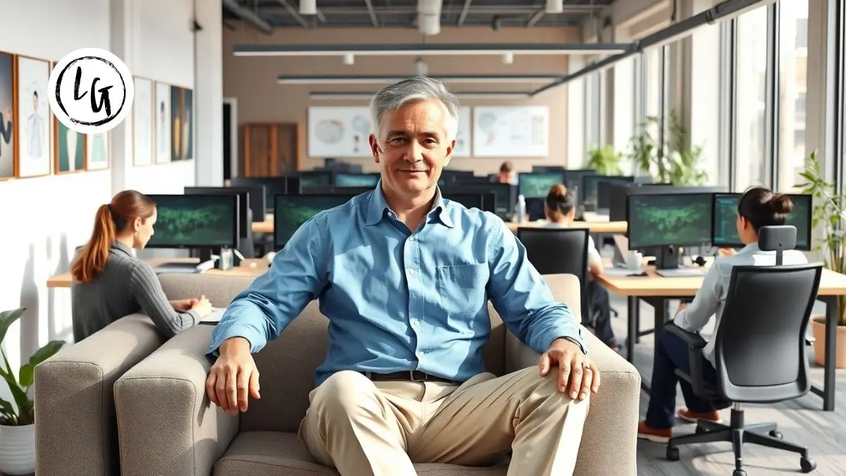Líder profesional facilitando autonomía a equipo experto de desarrolladores en oficina moderna con enfoque de liderazgo liberal