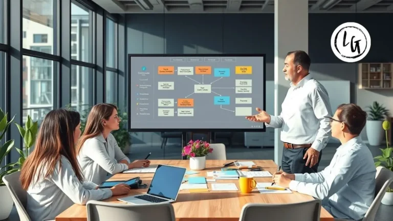 Líder profesional facilitando sesión de toma de decisiones participativa con equipo diverso en sala de reuniones moderna