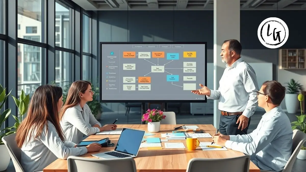Líder profesional facilitando sesión de toma de decisiones participativa con equipo diverso en sala de reuniones moderna