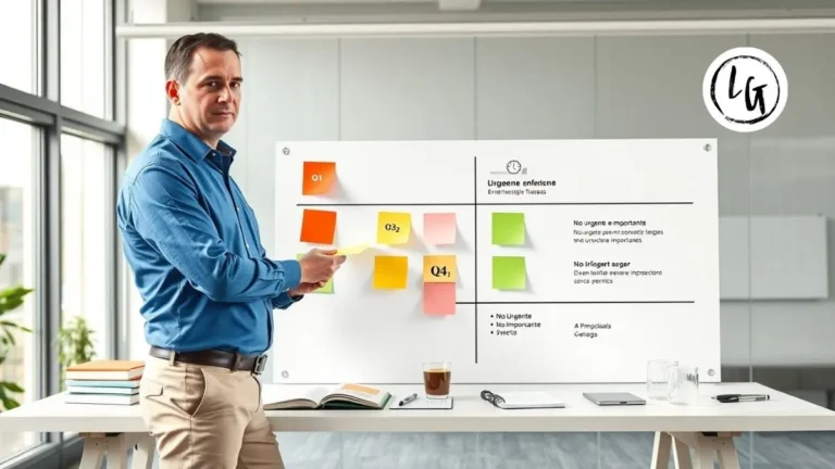 Líder profesional analizando matriz de Eisenhower plantilla en pizarra de oficina moderna, clasificando tareas en 4 cuadrantes de urgencia e importancia