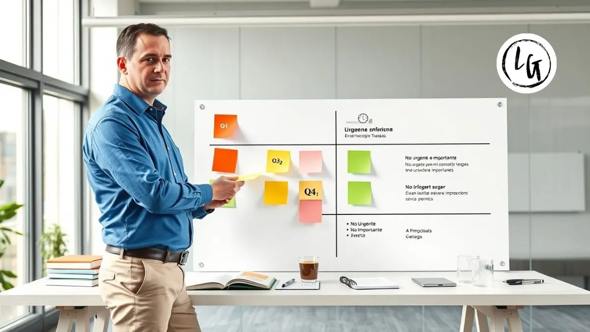 Líder profesional analizando matriz de Eisenhower plantilla en pizarra de oficina moderna, clasificando tareas en 4 cuadrantes de urgencia e importancia