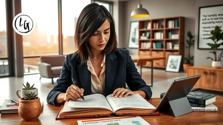 Profesional abrazando desafío de aprendizaje con diario de reflexión, feedback activo y sistema de aprender del fracaso en oficina moderna