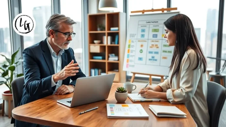 Sesión de mentoría profesional entre mentor experimentado y mentee en oficina moderna, revisando plan de carrera y objetivos de desarrollo