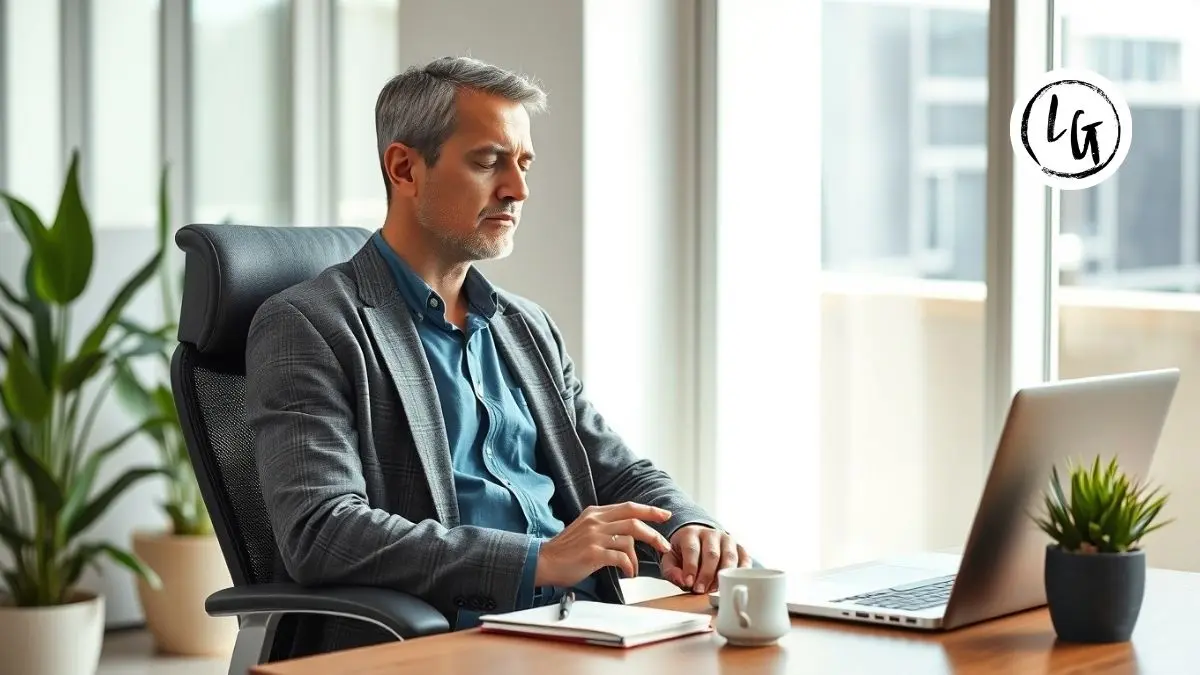 Hombre líder profesional caucásico practicando meditación mindfulness en oficina moderna, desarrollando atención plena para mejor toma de decisiones