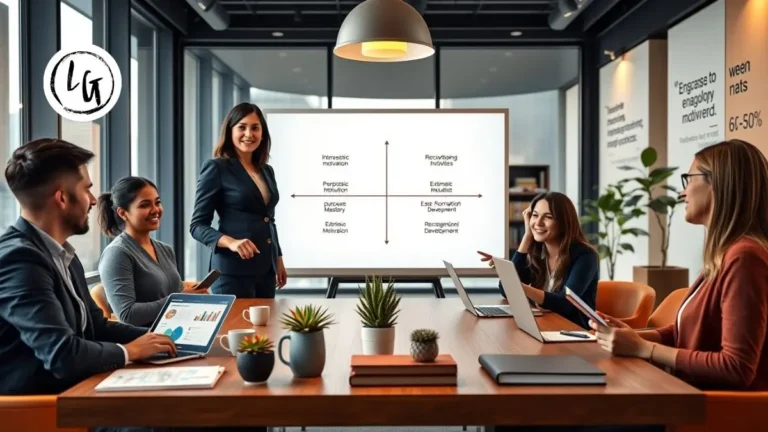Líder facilitando sesión de motivación con equipo diverso mostrando equilibrio entre motivación intrínseca y extrínseca en oficina moderna