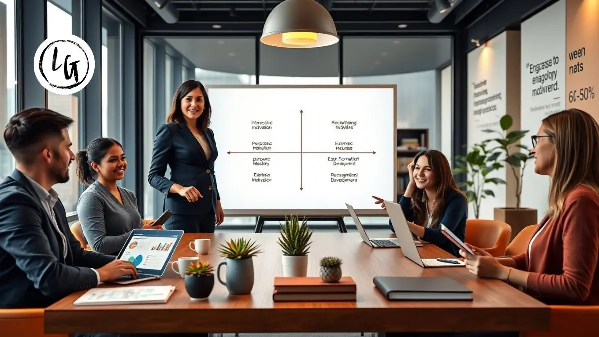 Líder facilitando sesión de motivación con equipo diverso mostrando equilibrio entre motivación intrínseca y extrínseca en oficina moderna