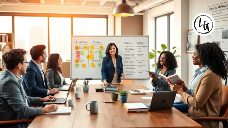 Líder facilitando sesión de motivación intrínseca con equipo diverso mostrando los 3 pilares: autonomía, maestría y propósito en oficina moderna