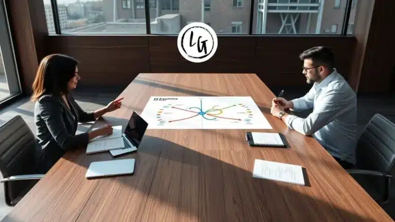Equipo directivo analizando mapa estratégico empresarial en sala de reuniones moderna, aplicando planificación estratégica empresa con visión a largo plazo