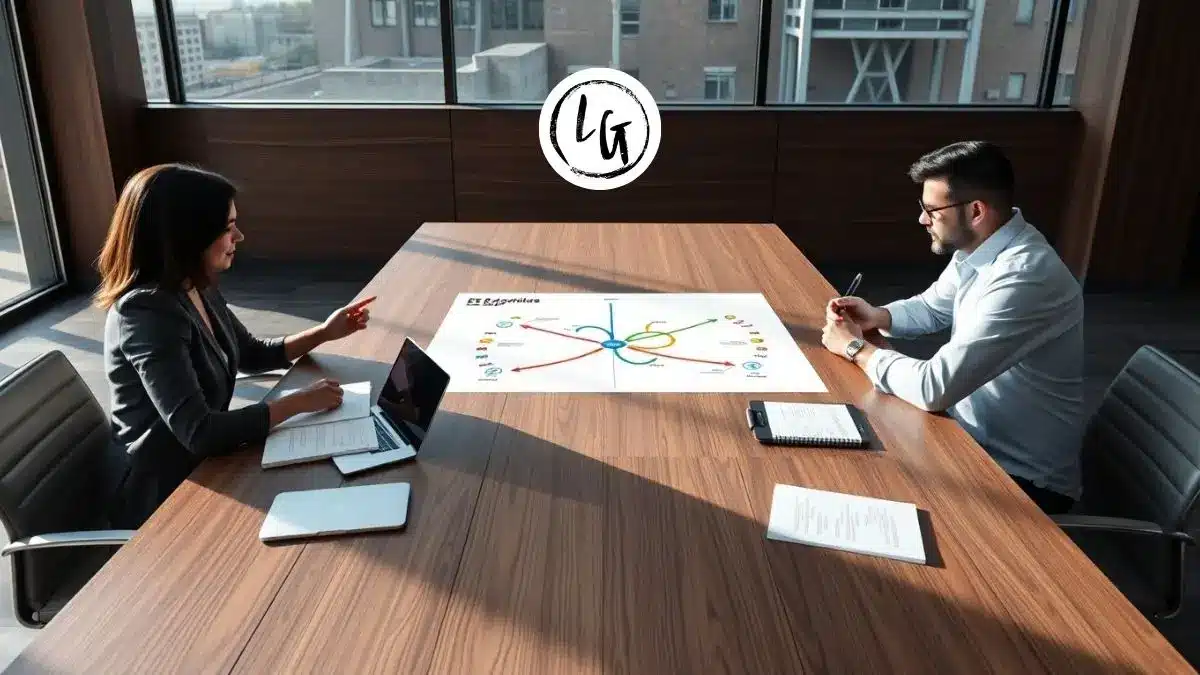 Equipo directivo analizando mapa estratégico empresarial en sala de reuniones moderna, aplicando planificación estratégica empresa con visión a largo plazo