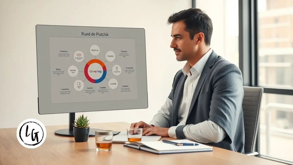 Líder profesional analizando rueda de emociones Plutchik en oficina moderna, desarrollando inteligencia emocional y granularidad emocional