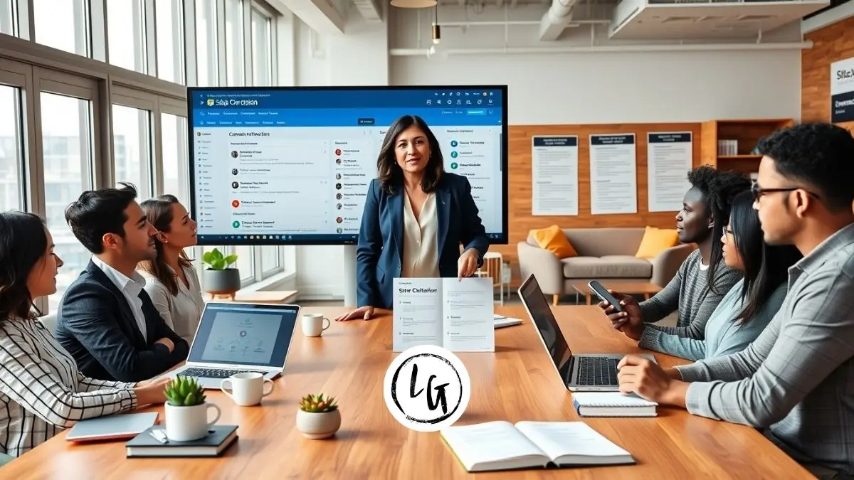 Equipo diverso colaborando en oficina moderna con pantallas mostrando canales de Slack, mensajes organizados e integraciones con herramientas de productividad