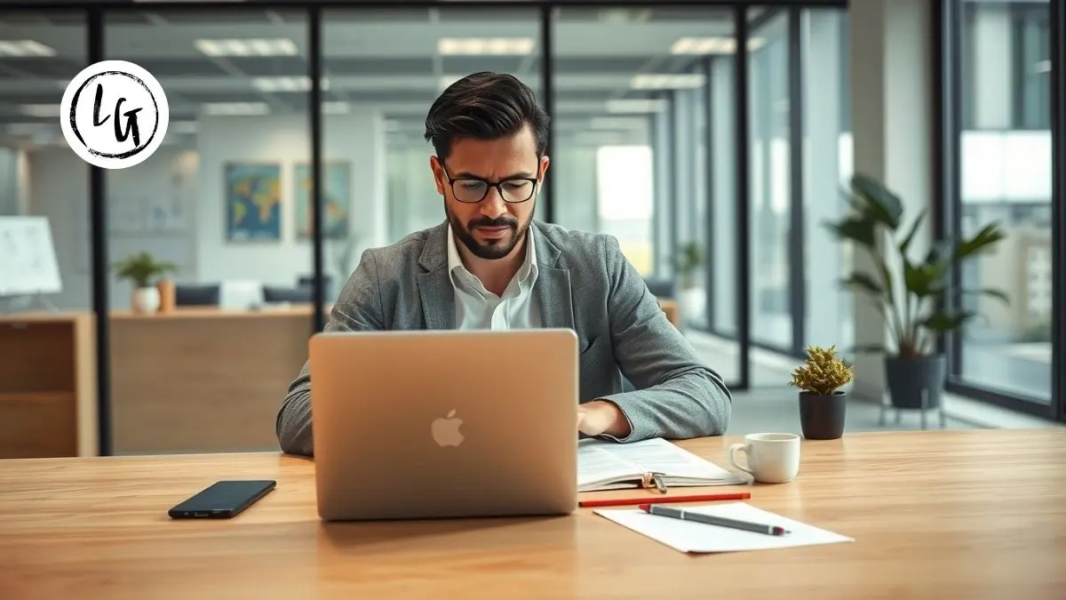 Profesional trabajando con temporizador pomodoro en oficina moderna, aplicando la tecnica de pomodoro con bloques de 25 minutos de enfoque profundo